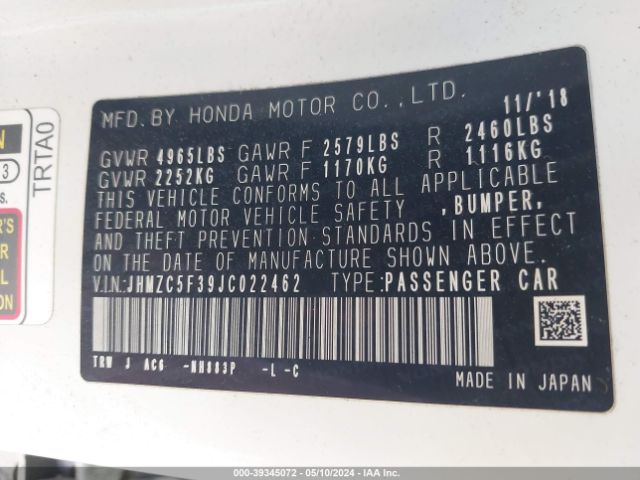 JHMZC5F39JC022462 Honda Clarity Plug-in Hybrid Touring