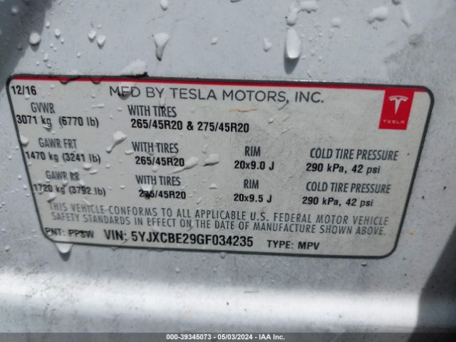 5YJXCBE29GF034235 Tesla Model X 60d/70d/75d/90d/p100d