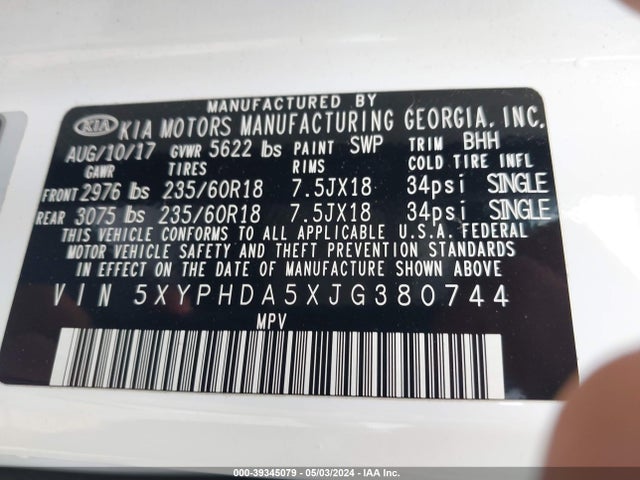 KIA Sorento 3.3l Ex 2018 5XYPHDA5XJG380744 Image 9