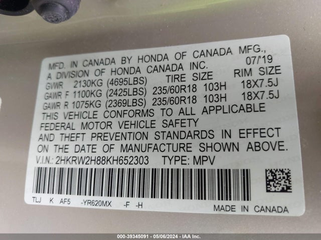 Honda Cr-v Ex-l 2019 2HKRW2H88KH652303 Image 9