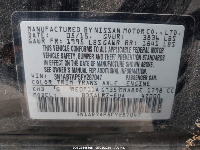 Nissan SENTRA SR 2015 3N1AB7AP5FY287047 Image 9