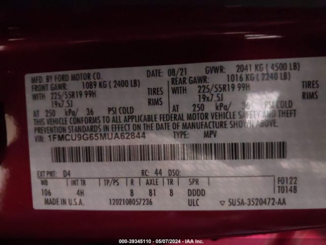 1FMCU9G65MUA62844 Ford ESCAPE SE
