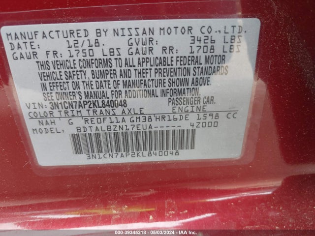 Nissan Versa 1.6 Sv 2019 3N1CN7AP2KL840048 Image 9