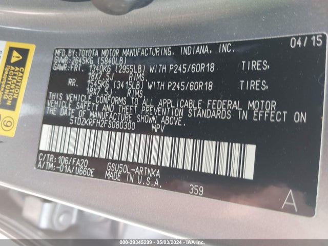 Toyota Highlander Le Plus V6/le V6 2015 5TDZKRFH2FS080300 Image 9