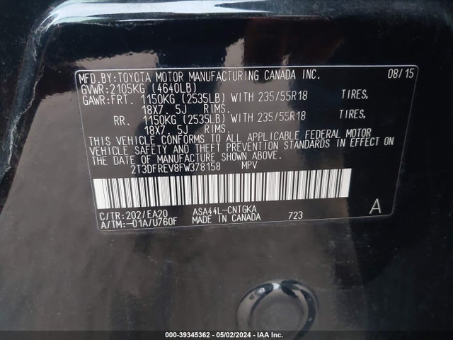 Toyota Rav4 Limited 2015 2T3DFREV8FW378158 Image 9