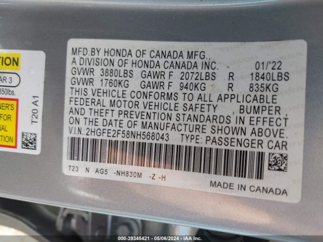 2HGFE2F58NH568043 Honda Civic Sport