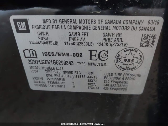 Chevrolet Equinox Ltz 2016 2GNFLGEK1G6290343 Image 9