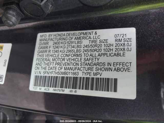 5FNYF7H50MB011663 Honda Passport 2wd Ex-l