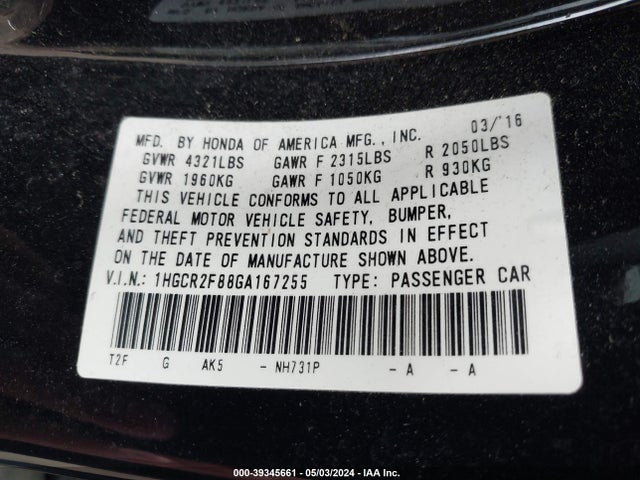 Honda Accord Ex-l 2016 1HGCR2F88GA167255 Image 9