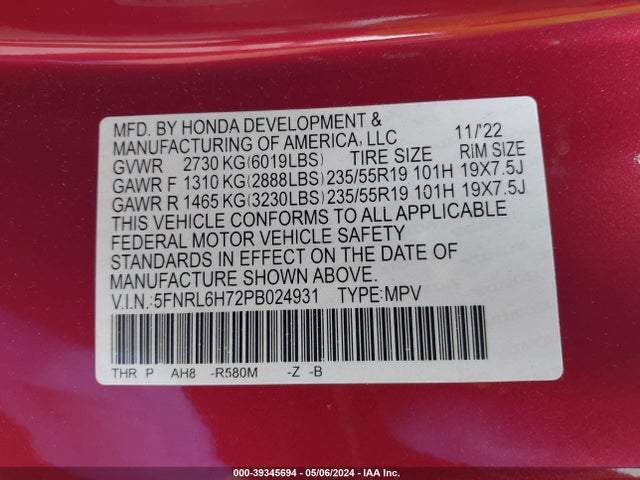 Honda Odyssey Sport 2023 5FNRL6H72PB024931 Image 9