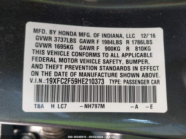 Honda Civic Lx 2017 19XFC2F59HE210373 Image 9