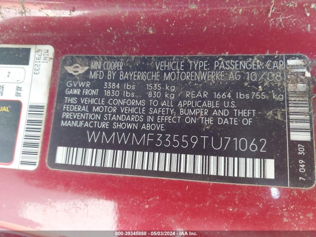 2009 MINI COOPER WMWMF33559TU71062 Photo 8