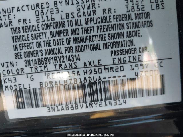 3N1AB8BV1RY214314 Nissan Sentra S Xtronic Cvt