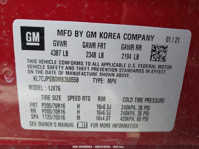Chevrolet Trax Awd Lt 2021 KL7CJPSB0MB350558 Image 9