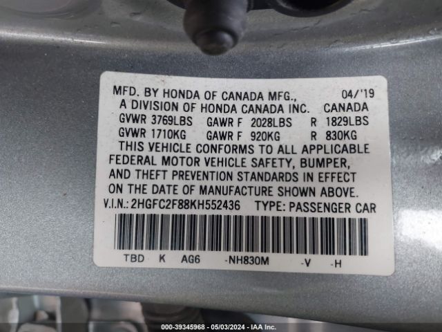 2HGFC2F88KH552436 Honda Civic Sport