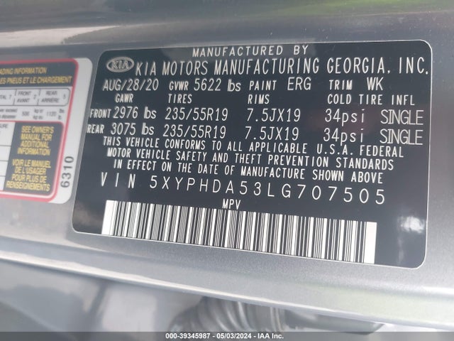KIA Sorento 3.3l Ex 2020 5XYPHDA53LG707505 Image 9