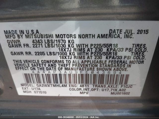 4A4AP3AU9FE043694 Mitsubishi Outlander Sport Es