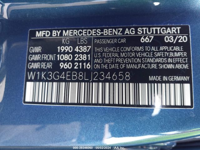 W1K3G4EB8LJ234658 Mercedes-Benz A 220
