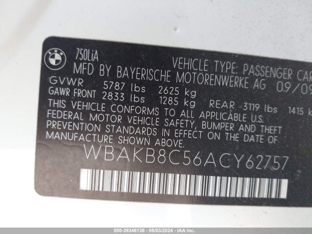 Продаж на аукціоні авто 2010 Bmw 750li, vin: WBAKB8C56ACY62757, номер лоту: 39346136