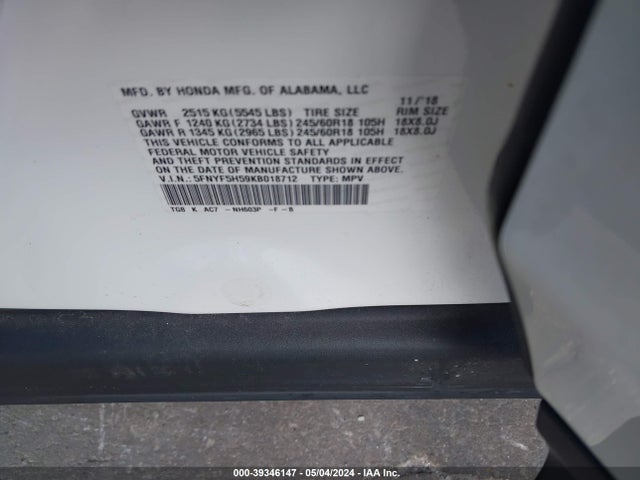 Honda Pilot Ex-l 2019 5FNYF5H59KB018712 Image 9