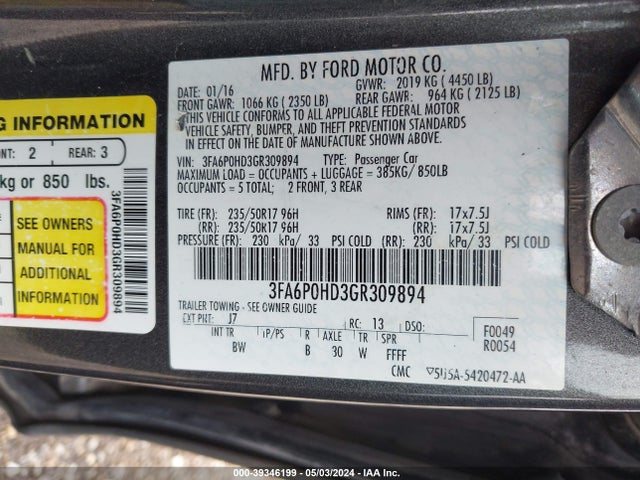 Ford FUSION SE 2016 3FA6P0HD3GR309894 Image 9