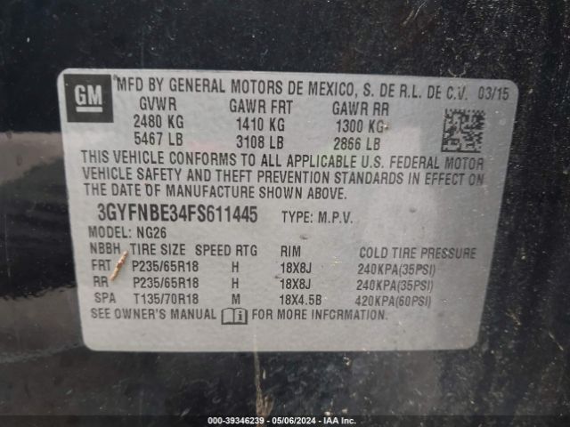 3GYFNBE34FS611445 Cadillac Srx Luxury Collection