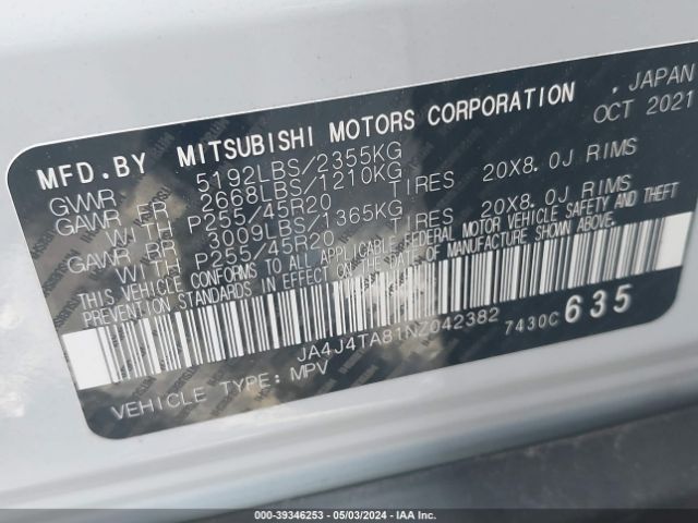 JA4J4TA81NZ042382 Mitsubishi Outlander Es 2.5 S-awc