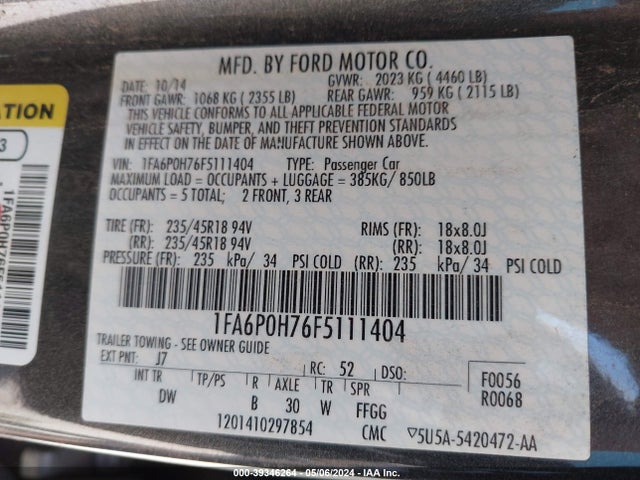 Ford FUSION SE 2015 1FA6P0H76F5111404 Image 9