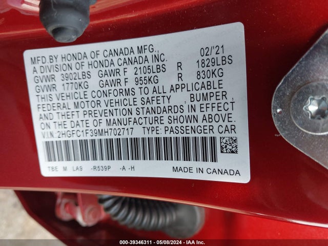 Honda CIVIC EX 2021 2HGFC1F39MH702717 Image 9