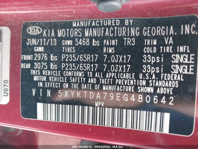 KIA Sorento Lx V6 2014 5XYKTDA79EG480642 Image 9