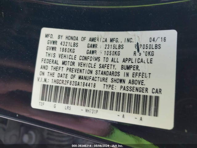Honda Accord Ex-l 2016 1HGCR2F82GA194418 Image 9