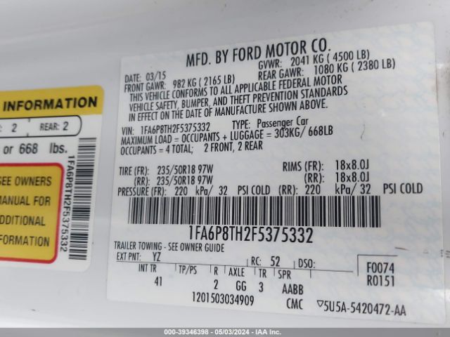 1FA6P8TH2F5375332 Ford Mustang Ecoboost