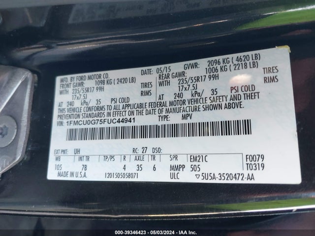 Ford ESCAPE SE 2015 1FMCU0G75FUC44941 Image 9