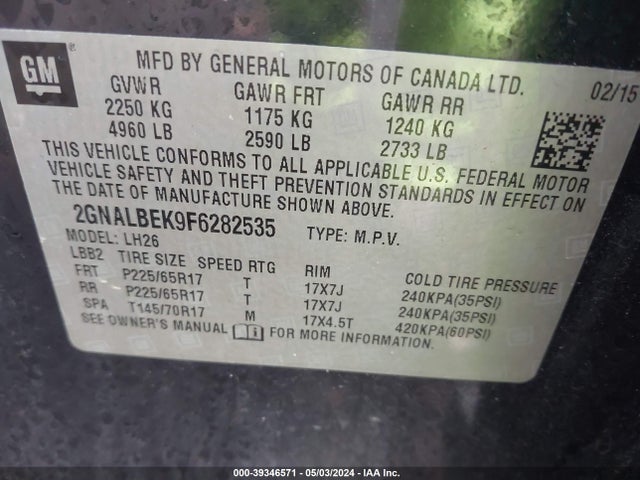 Chevrolet EQUINOX 1LT 2015 2GNALBEK9F6282535 Image 9