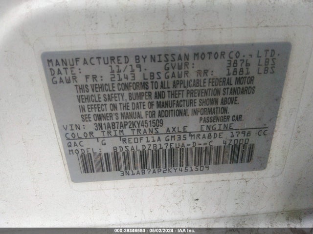 Nissan SENTRA SV 2019 3N1AB7AP2KY451509 Image 9