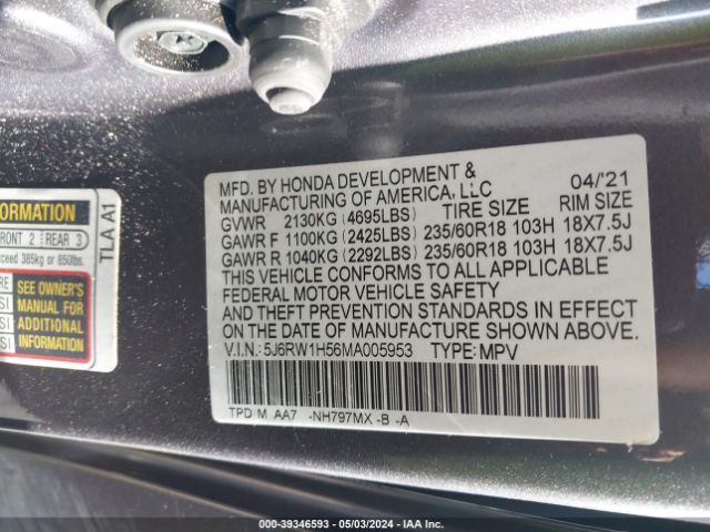 5J6RW1H56MA005953 Honda Cr-v 2wd Ex
