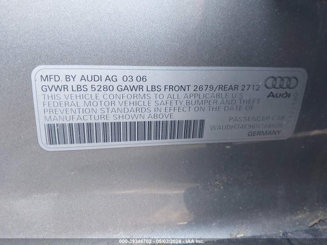 Продаж на аукціоні авто 2006 Audi A6 3.2, vin: WAUDH74F96N168505, номер лоту: 39346702