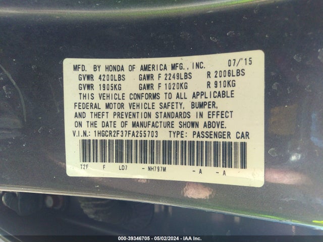 Honda ACCORD LX 2015 1HGCR2F37FA255703 Image 9