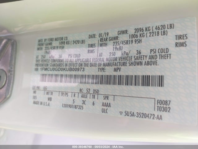 Ford ESCAPE SE 2019 1FMCU0GD0KUB00973 Image 9