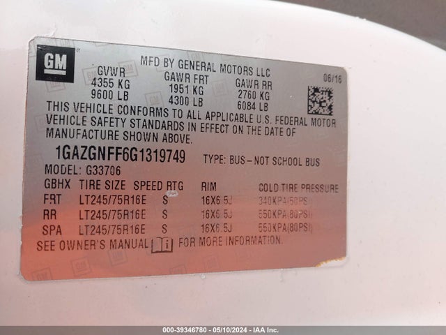Chevrolet Express 3500 Ls 2016 1GAZGNFF6G1319749 Image 9