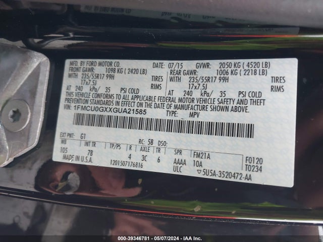 Ford ESCAPE SE 2016 1FMCU0GXXGUA21585 Image 9