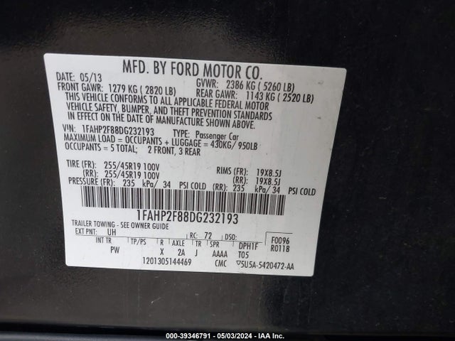 2013 Ford Taurus Limited მანქანა იყიდება აუქციონზე, vin: 1FAHP2F88DG232193, აუქციონის ნომერი: 39346791