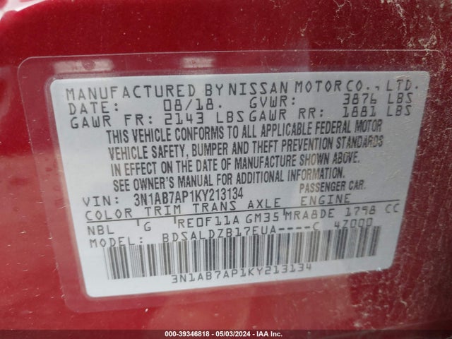 Nissan SENTRA SV 2019 3N1AB7AP1KY213134 Image 9