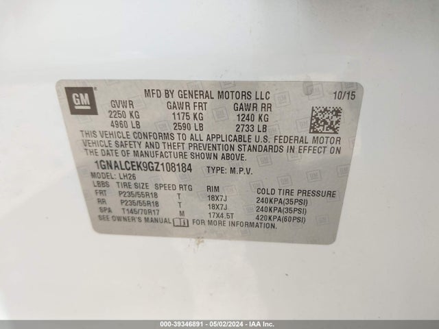 Chevrolet EQUINOX LT 2016 1GNALCEK9GZ108184 Image 9