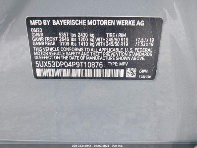 5UX53DP04P9T10876 BMW X3 Xdrive30i