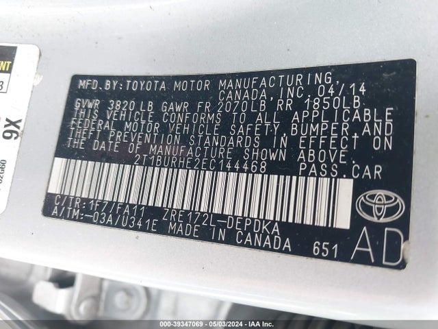 Toyota COROLLA L 2014 2T1BURHE2EC144468 Image 9