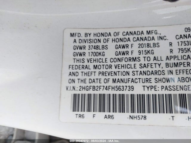 Honda CIVIC SE 2015 2HGFB2F74FH563739 Image 9