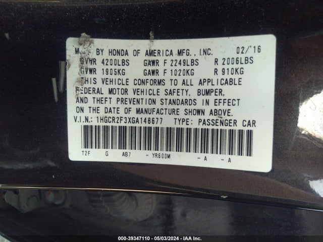 Honda ACCORD LX 2016 1HGCR2F3XGA148677 Image 9