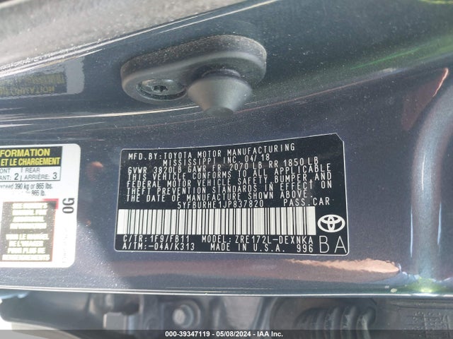 Toyota COROLLA LE 2018 5YFBURHE1JP837820 Image 9