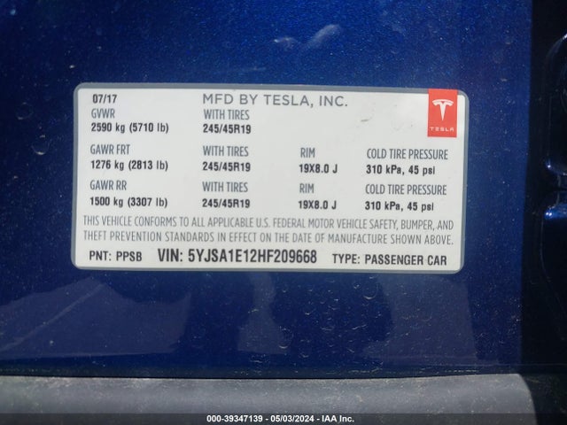 5YJSA1E12HF209668 Tesla Model S 60/75